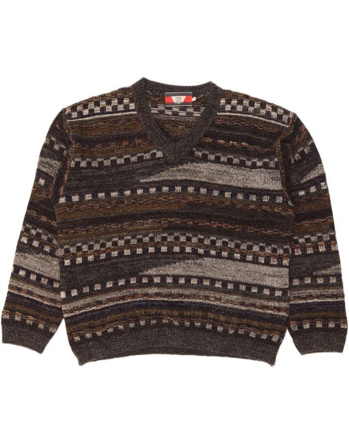 Maglione vintage da uomo con scollo a V, grande lana geometrica grigia