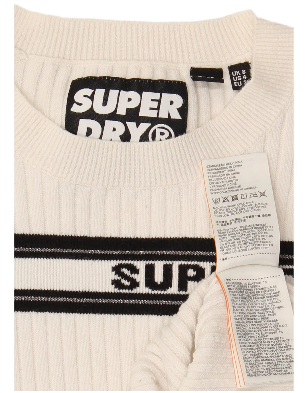Maglione maglione girocollo con grafica da donna SUPERDRY UK 8 piccolo a righe bianche