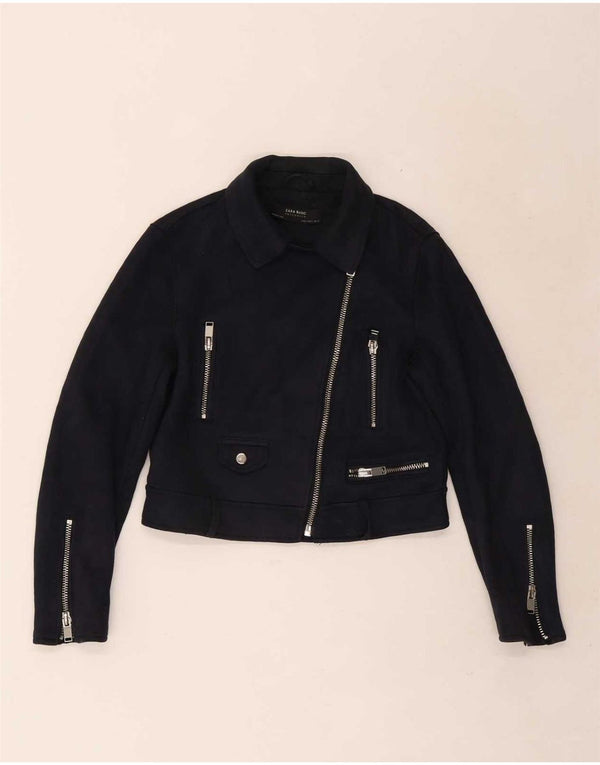 Zara Womens Crop Biker Jacket UK 10 Small Navy Blue