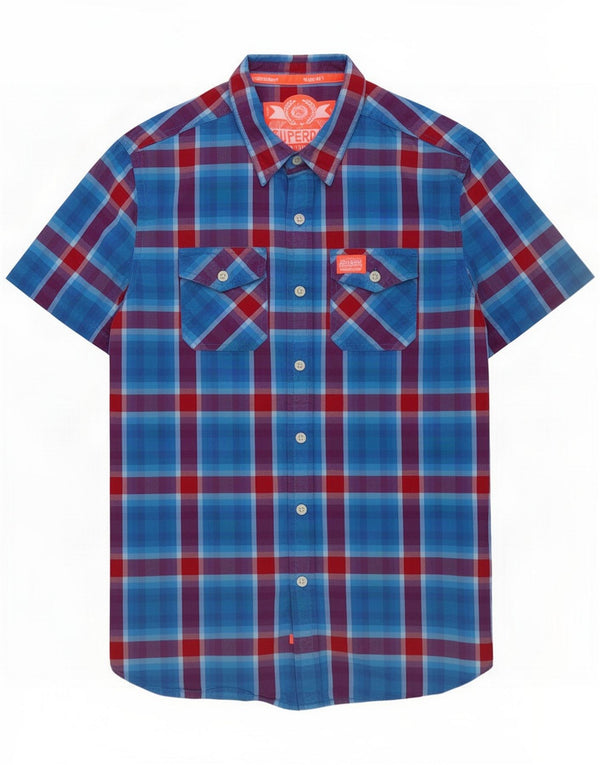 Camicia da uomo a maniche corte Superdry in cotone a quadri blu medio