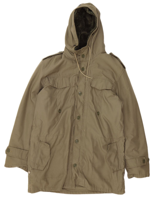 Giacca militare vintage da uomo Sherpa Parka con cappuccio UK 38 Medio Cachi