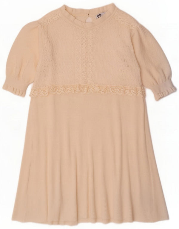 Zara Abito da donna a strati in maglia con maniche a 3/4 UK 14 Medio Poliestere bianco sporco