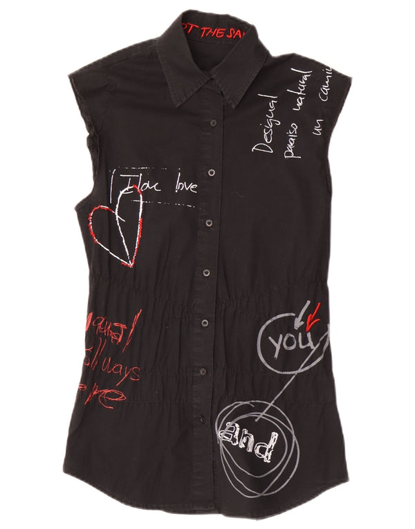 Desigual Camicia senza maniche grafica da donna Camicetta EU 40 Cotone medio nero
