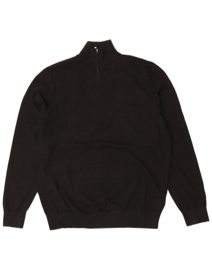 Maglione da uomo con zip e collo autografo, grande, in lana merino nera