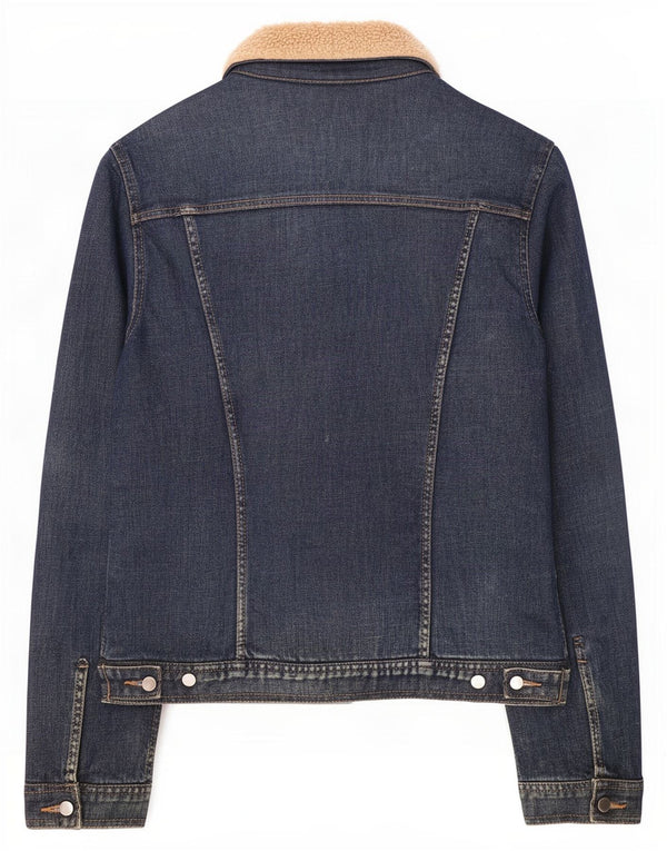 Giacca Benetton da donna in denim sherpa UK 14 grande blu navy color block