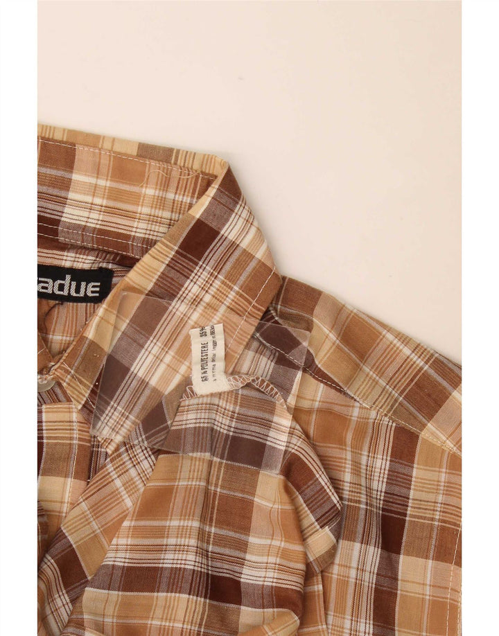 Camicia vintage da uomo a maniche corte in poliestere a quadri marroni piccoli