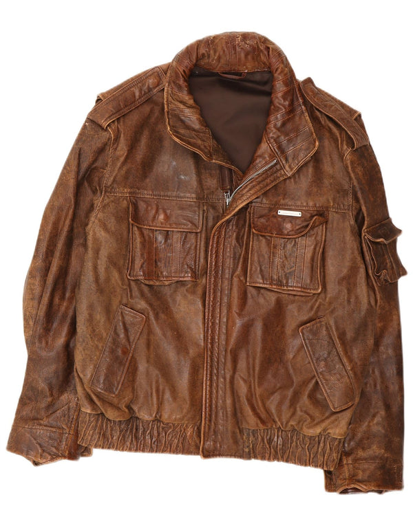 Giacca in pelle militare con cappuccio vintage da uomo IT 54 2XL Marrone