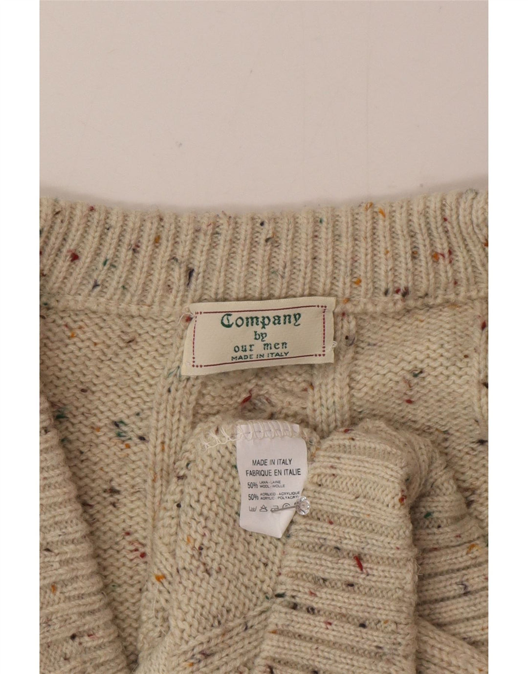 Maglione cardigan da uomo vintage in lana screziata beige grande
