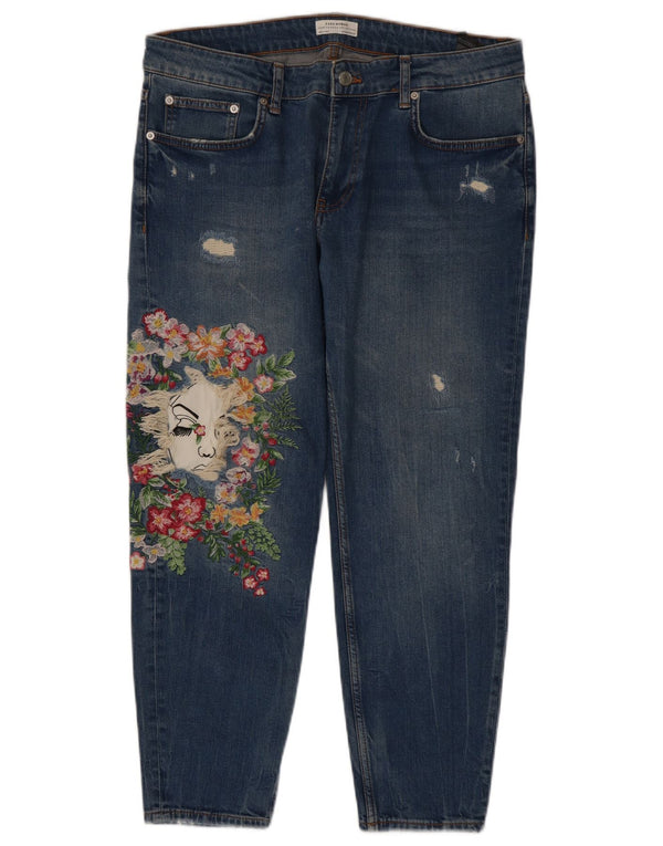 Jeans dritti con grafica Zara da donna EU 42 Large W32 L27 cotone floreale blu