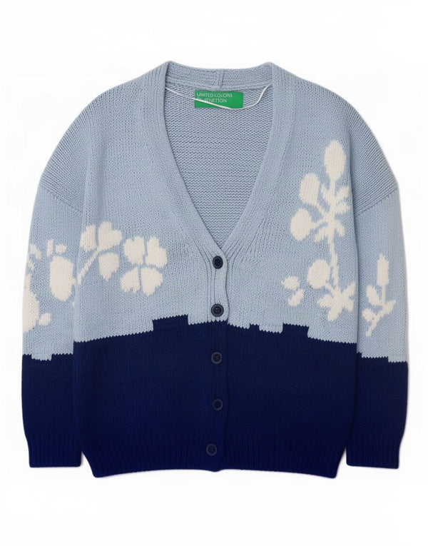 Maglione cardigan da donna Benetton UK 16 grande cotone color block blu