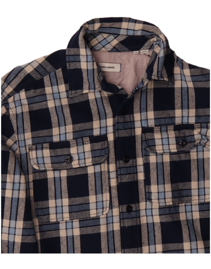 JACK & JONES Camicia da uomo in flanella di cotone a quadri blu navy medio