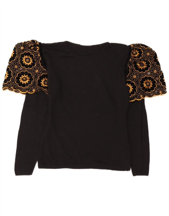 Top camicetta a maniche lunghe da donna vintage UK 12 medio nero floreale