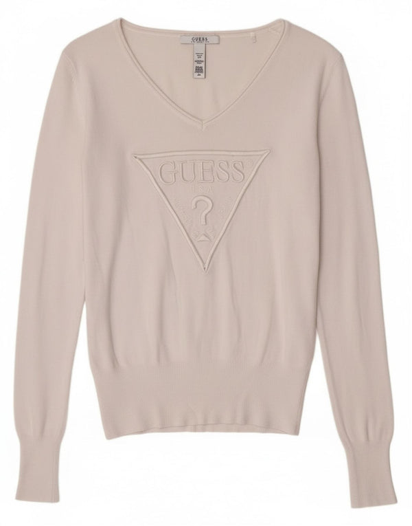 Maglione Guess da donna con grafica grafica con scollo a V UK 4 XS bianco classico