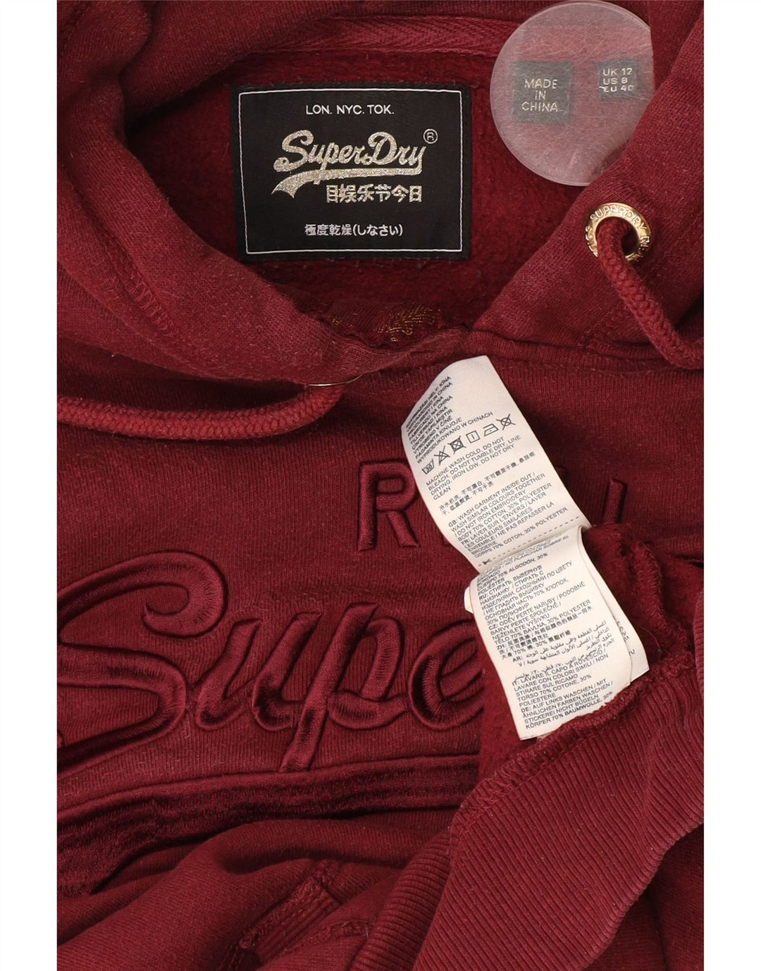 Maglione con cappuccio corto grafico da donna Superdry UK 12 cotone bordeaux medio