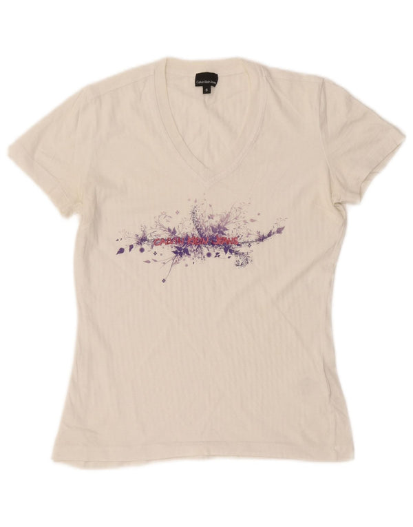 Calvin Klein Jeans T-shirt grafica da donna Top UK 10 Small Cotone bianco