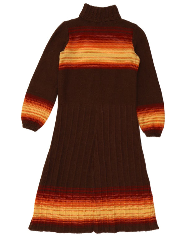 Abito maglione vintage da donna a maniche lunghe UK 12 a righe marrone medio