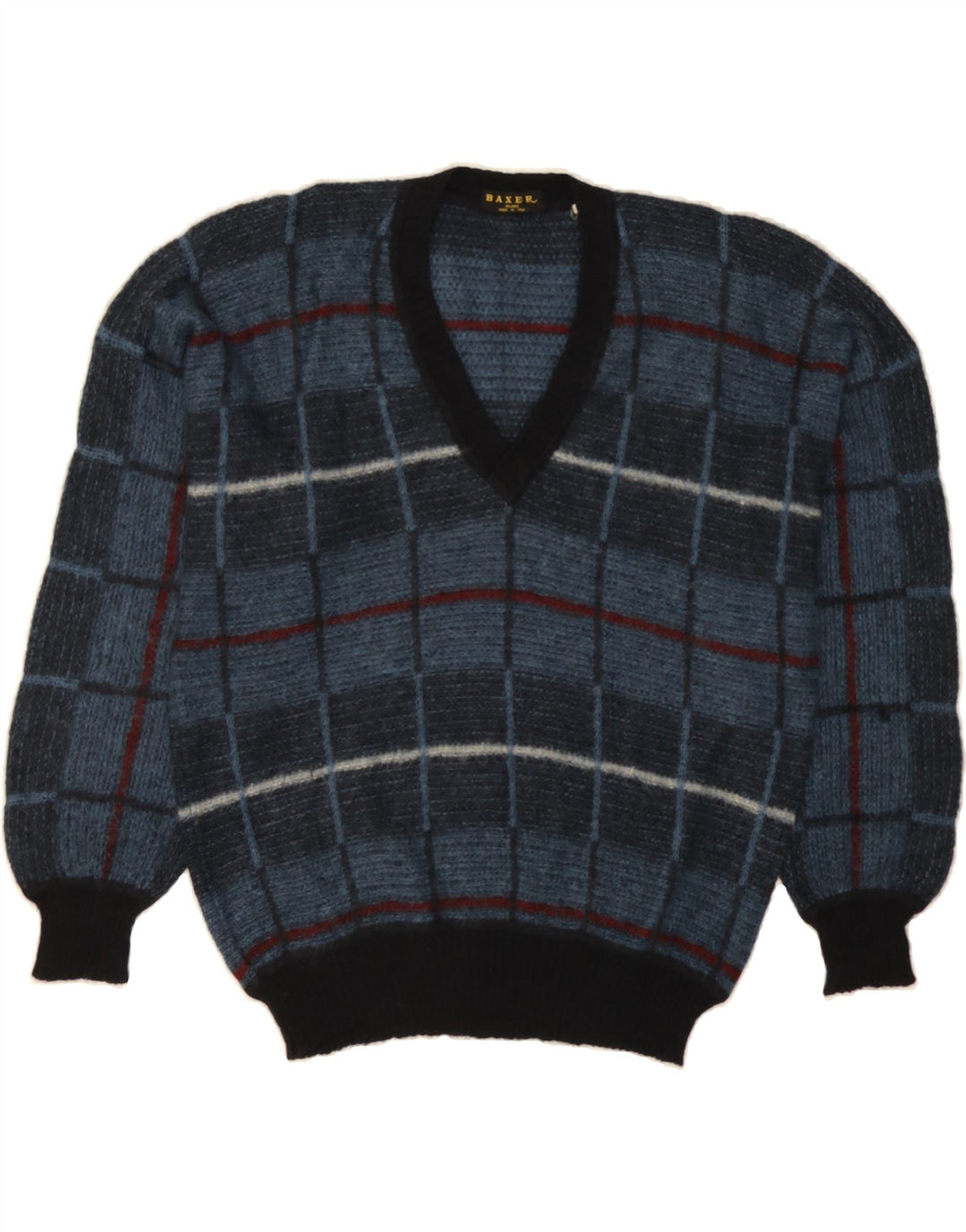 VINTAGE Mens V-Neck Jumper Sweater Large Navy Blue Check Vintage Vintage and Second-Hand Vintage from Messina Hembry 
