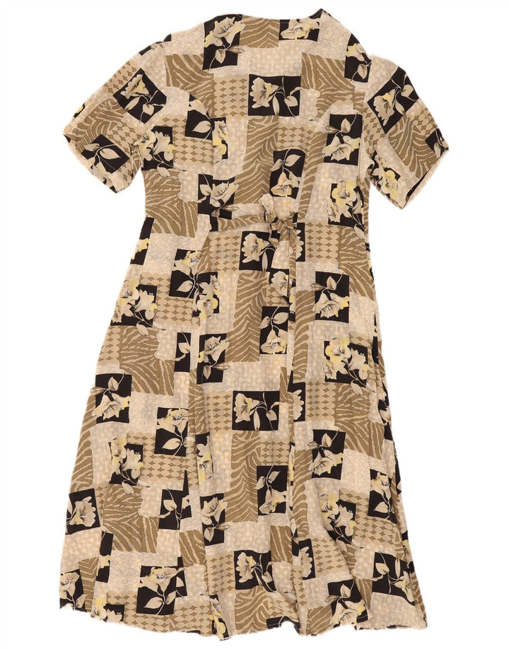 Abito da tè vintage da donna UK 14 Seta patchwork beige medio
