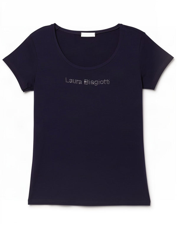 Laura Biagiotti T-shirt grafica da donna Top IT 46 Large Blu Navy in viscosa