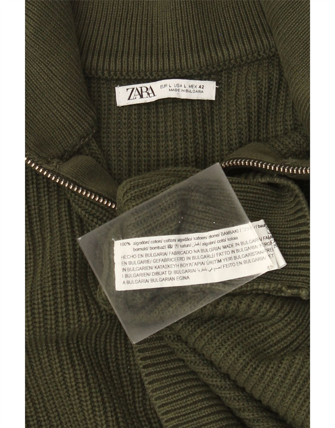 ZARA Maglione da Uomo con Zip e Collo Grande in Cotone Verde