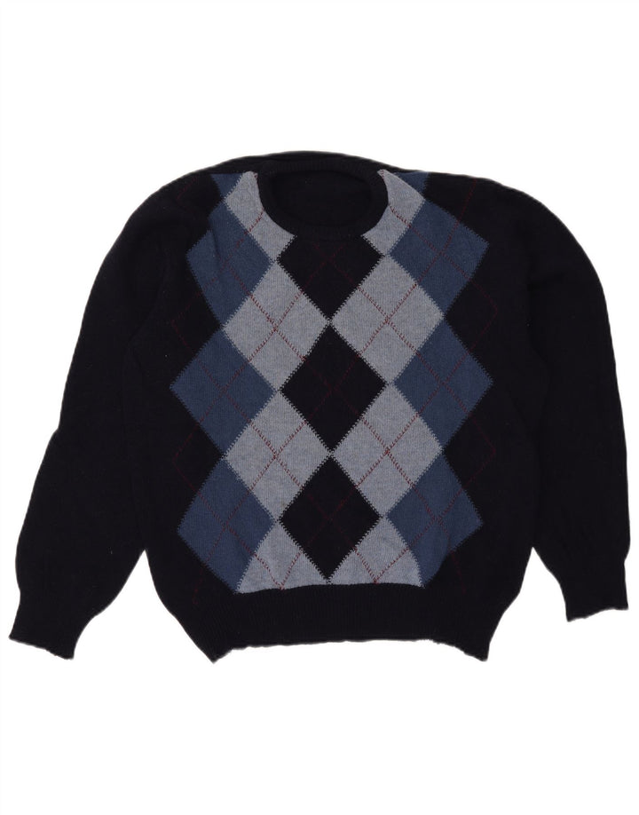 Maglione vintage da uomo girocollo, grande, blu navy, a rombi/diamante