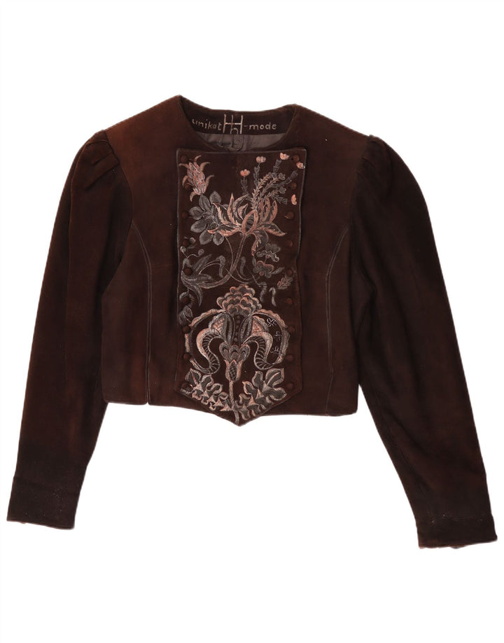 Giacca vintage in pelle scamosciata corta da donna UK 14 marrone medio floreale