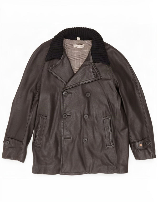 Giacca in pelle doppiopetto vintage da uomo UK 40 grande nera