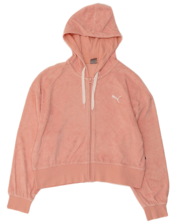 PUMA Felpa con cappuccio e zip corta in velluto da donna UK 14 Large Rosa