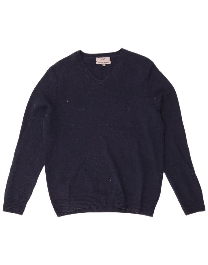 Maglione da uomo Marks & Spencer con scollo a V, lana d'agnello medio blu navy