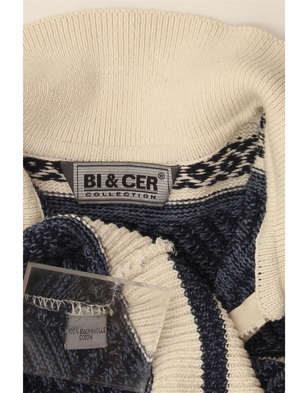 VINTAGE Maglione da uomo con collo alto in cotone Fair Isle medio blu navy