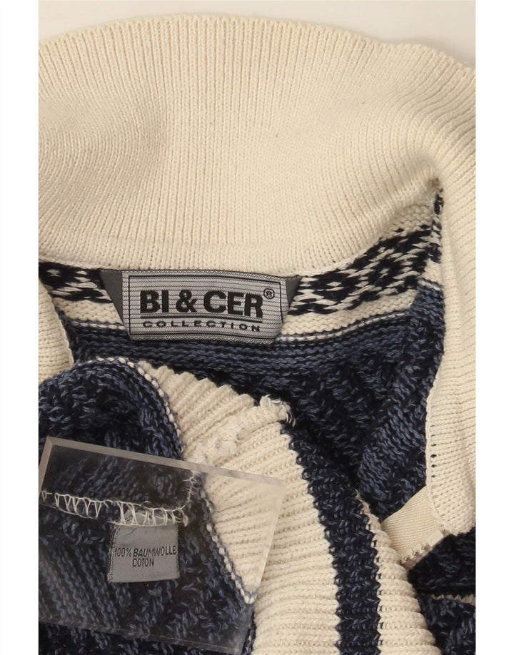 VINTAGE Maglione da uomo con collo alto in cotone Fair Isle medio blu navy