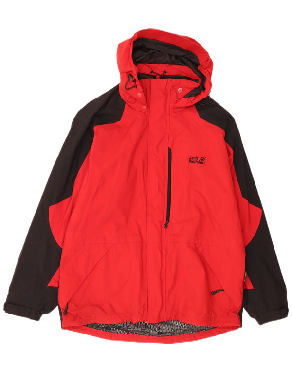 Giacca antipioggia da uomo Jack Wolfskin vestibilità ampia con cappuccio UK 34 Small Red Colourblock