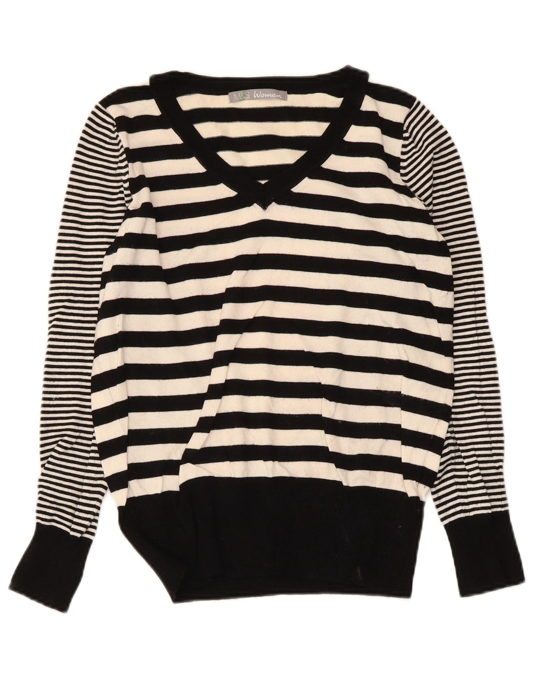 Maglione maglione con scollo a V da donna Marks & Spencer UK 10 piccolo a righe nere