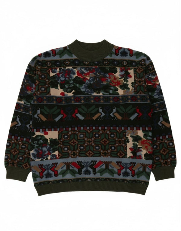 Maglione maglione vintage da donna con collo dolcevita UK 18 XL Khaki Fair Isle