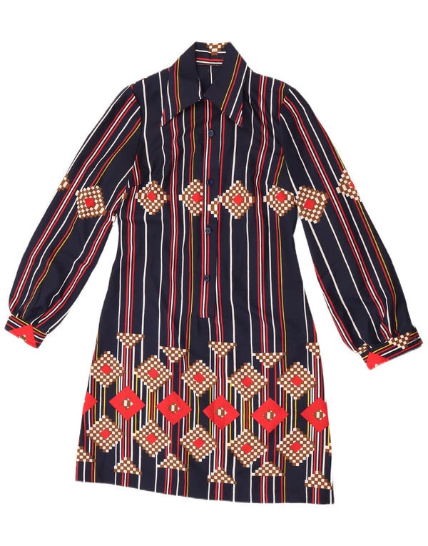 Abito camicia pullover vintage da donna UK 12 medio blu navy a righe
