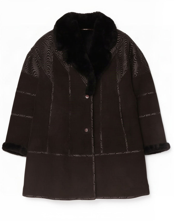 Cappotto in shearling vintage da donna EU 44 XL Nero geometrico