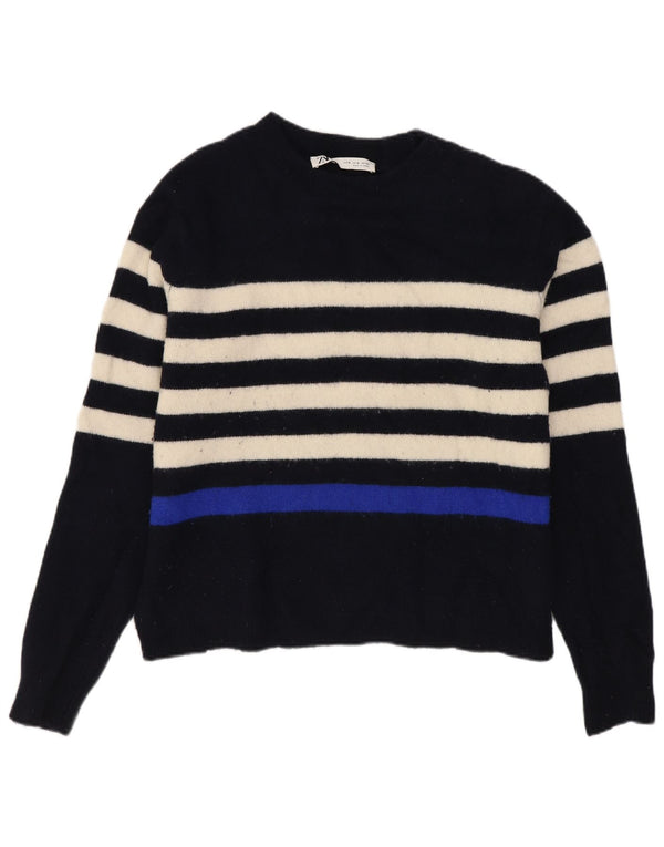 Maglione maglione con scollo a barca da donna Zara UK 14 Lana a righe blu navy medio