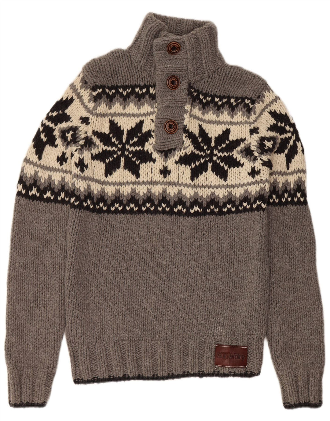 Maglione da uomo con collo abbottonato SUPERDRY, lana Fair Isle grigia grande