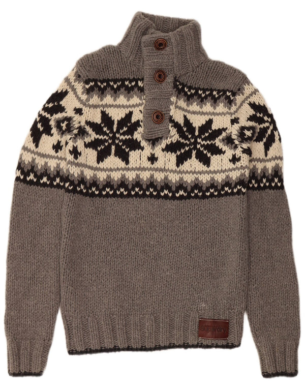 Maglione da uomo con collo abbottonato SUPERDRY, lana Fair Isle grigia grande