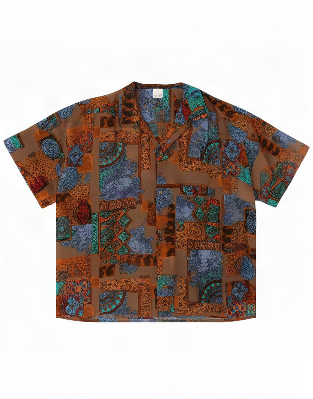 Camicetta camicia a maniche corte da donna vintage UK 20 2XL Seta patchwork marrone