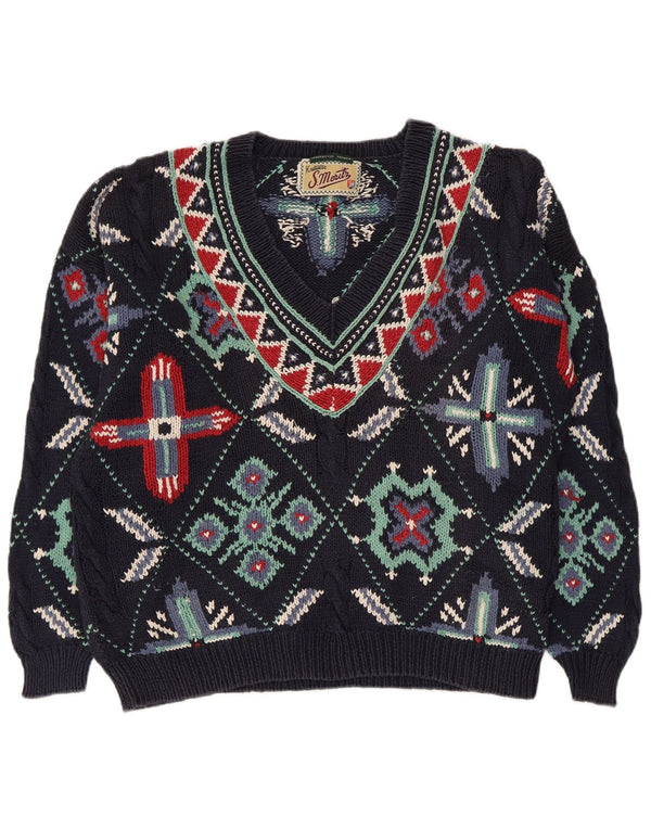 Maglione da donna con scollo a V S.Moritz UK 16 Large in cotone blu navy