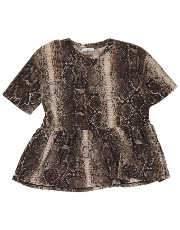 Zara Trafaluc camicetta da donna Top UK 10 piccolo poliestere marrone con stampa animalier