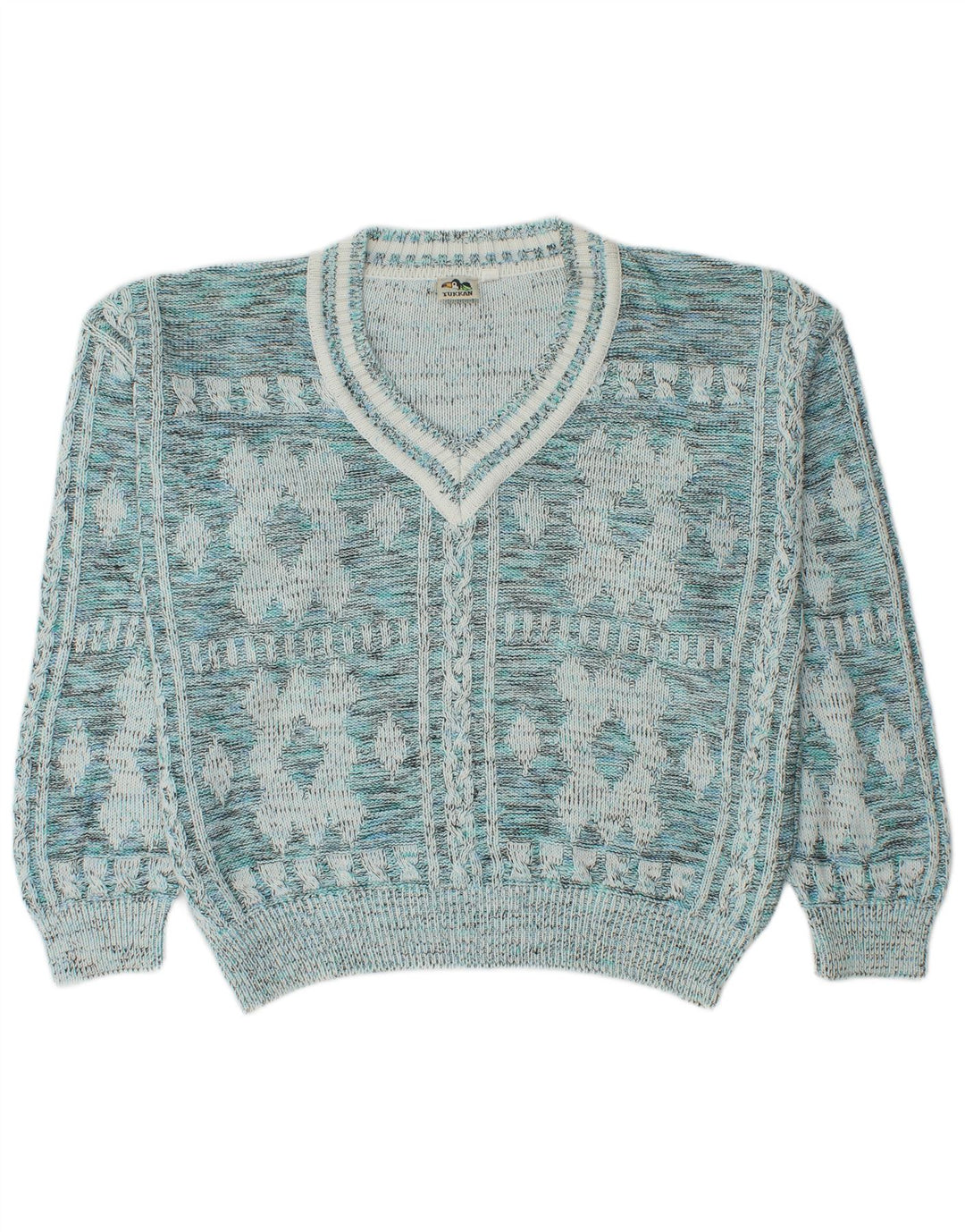 Maglione vintage da uomo con scollo a V IT 52 Grande cotone geometrico blu