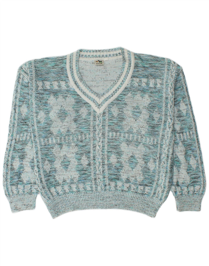 Maglione vintage da uomo con scollo a V IT 52 Grande cotone geometrico blu