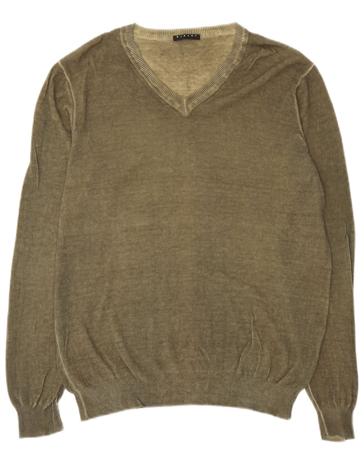 Maglione maglione con scollo a V da uomo Sisley grande color kaki
