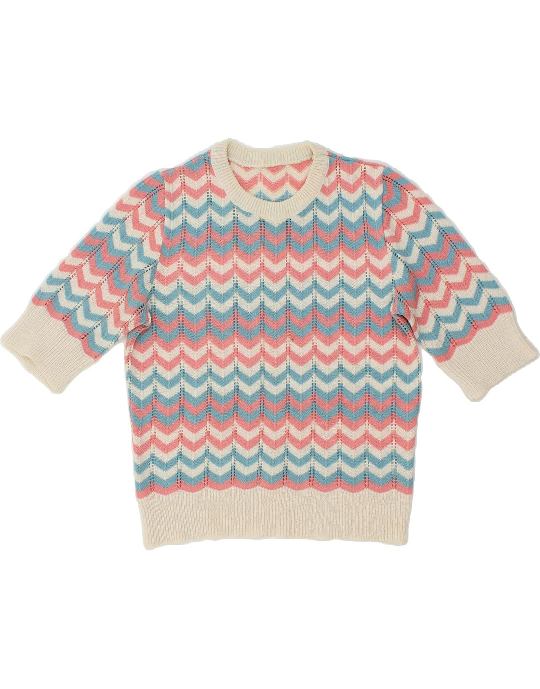 Maglione maglione con scollo a barca da donna VINTAGE UK 12 Chevron medio multicolore