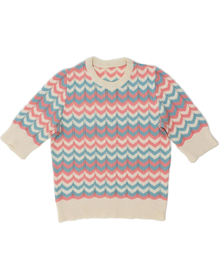 Maglione maglione con scollo a barca da donna VINTAGE UK 12 Chevron medio multicolore