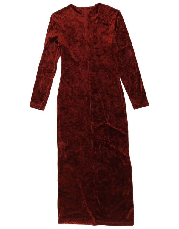 Abito lungo in velluto a maniche lunghe da donna vintage UK 10 piccolo in poliammide bordeaux
