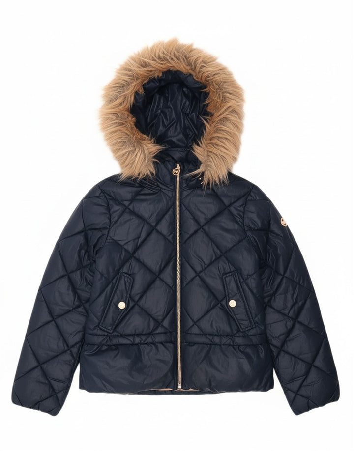 MICHAEL KORS Girls Hooded Padded Jacket 10-11 Years Navy Blue Polyester