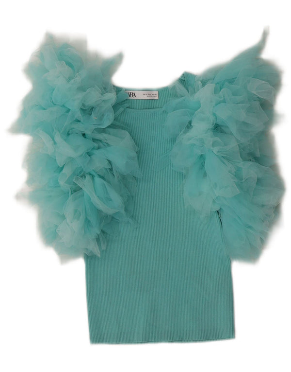 Top corto in camicetta corta da donna Zara UK 8 piccolo in viscosa turchese